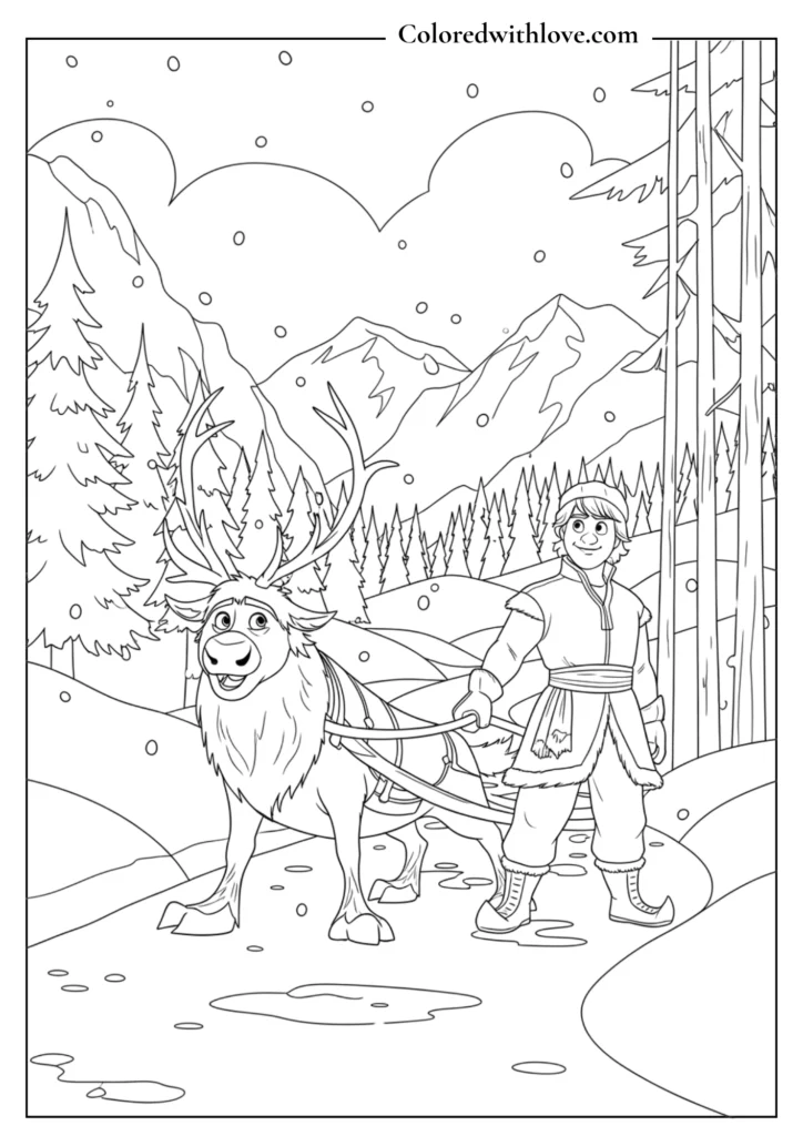 Line drawing of man and reindeer in snowy mountains