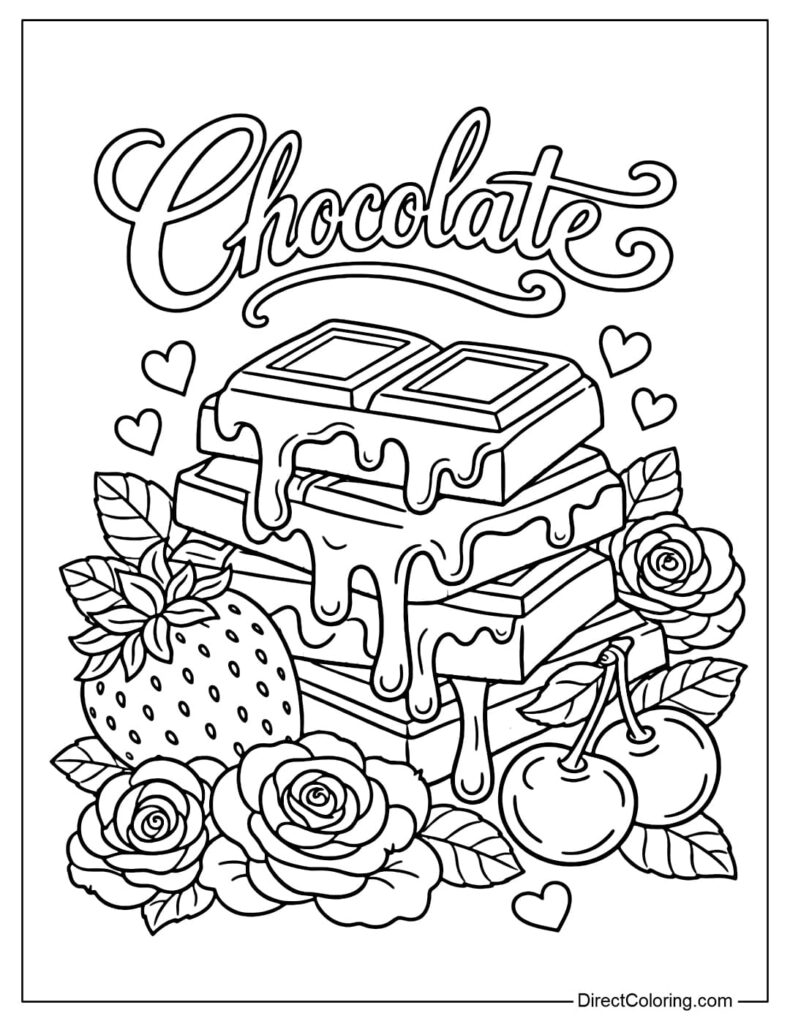Chocolate coloring page with strawberries, cherries, and roses