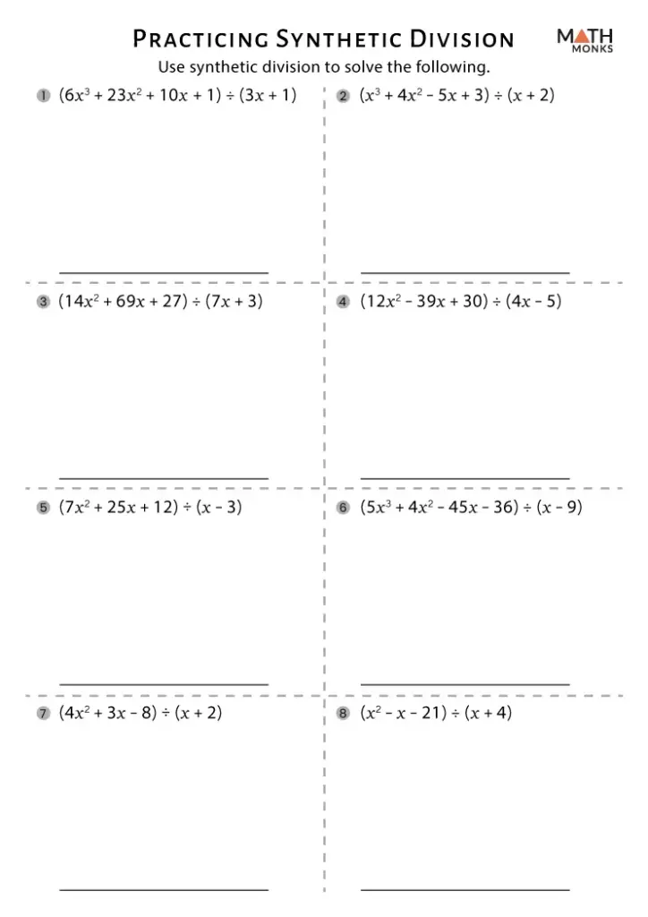 Synthetic division math worksheet with eight problems