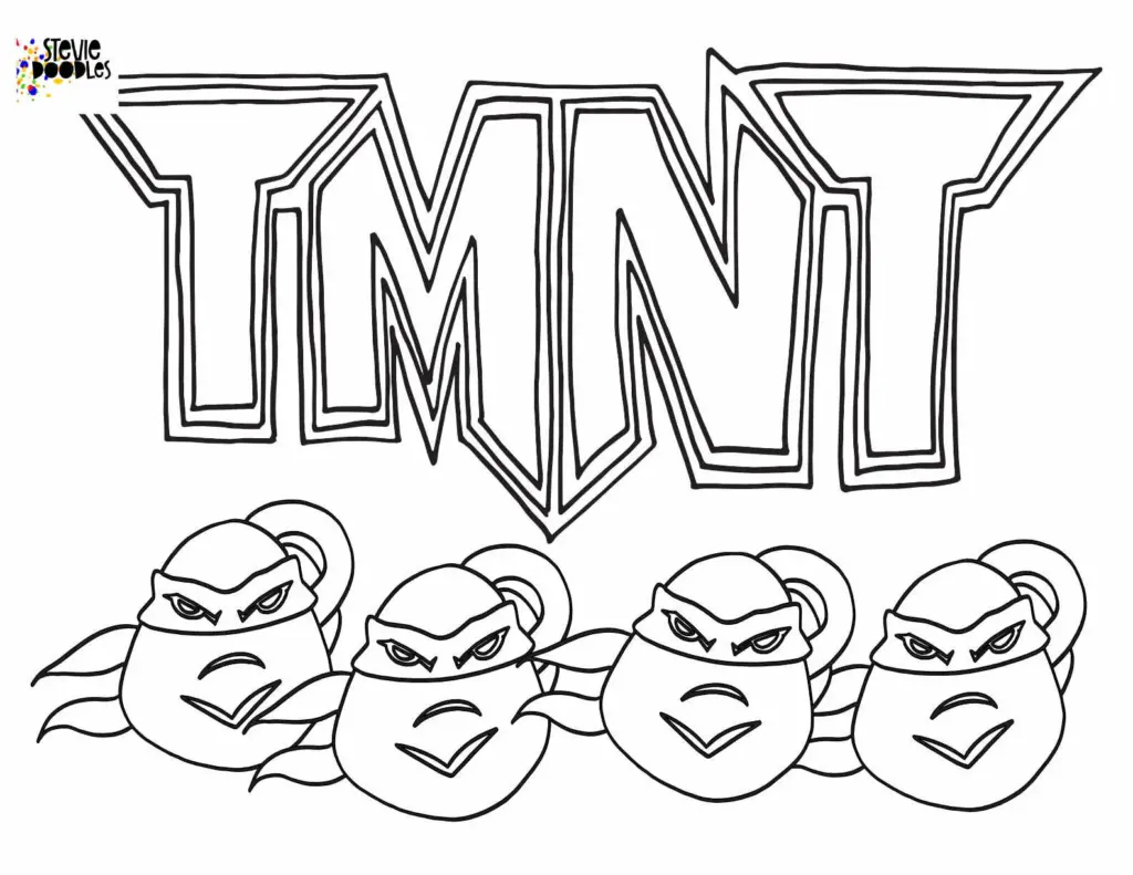 Black-and-white TMNT logo with four turtle faces