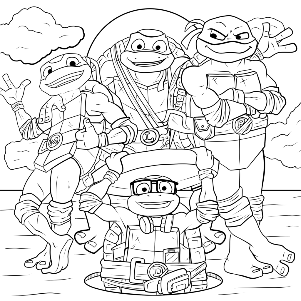 Four cartoon ninja turtles posing together outdoors, coloring page