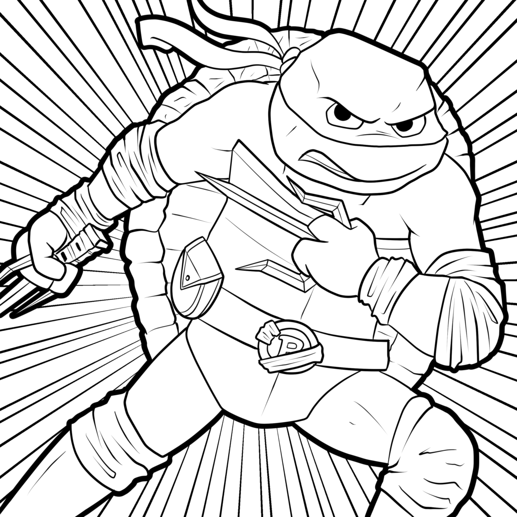Animated turtle warrior wielding twin swords on background lines