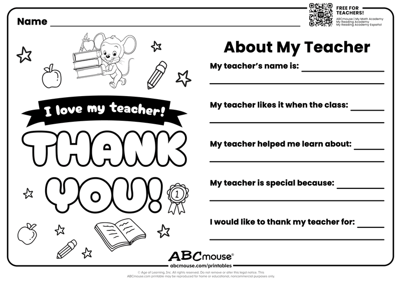 Black-and-white teacher appreciation worksheet with fill-in lines