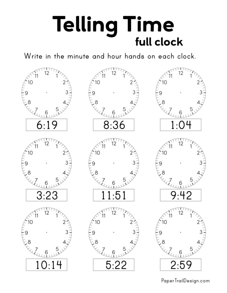 Telling Time worksheet with nine blank clocks and times below