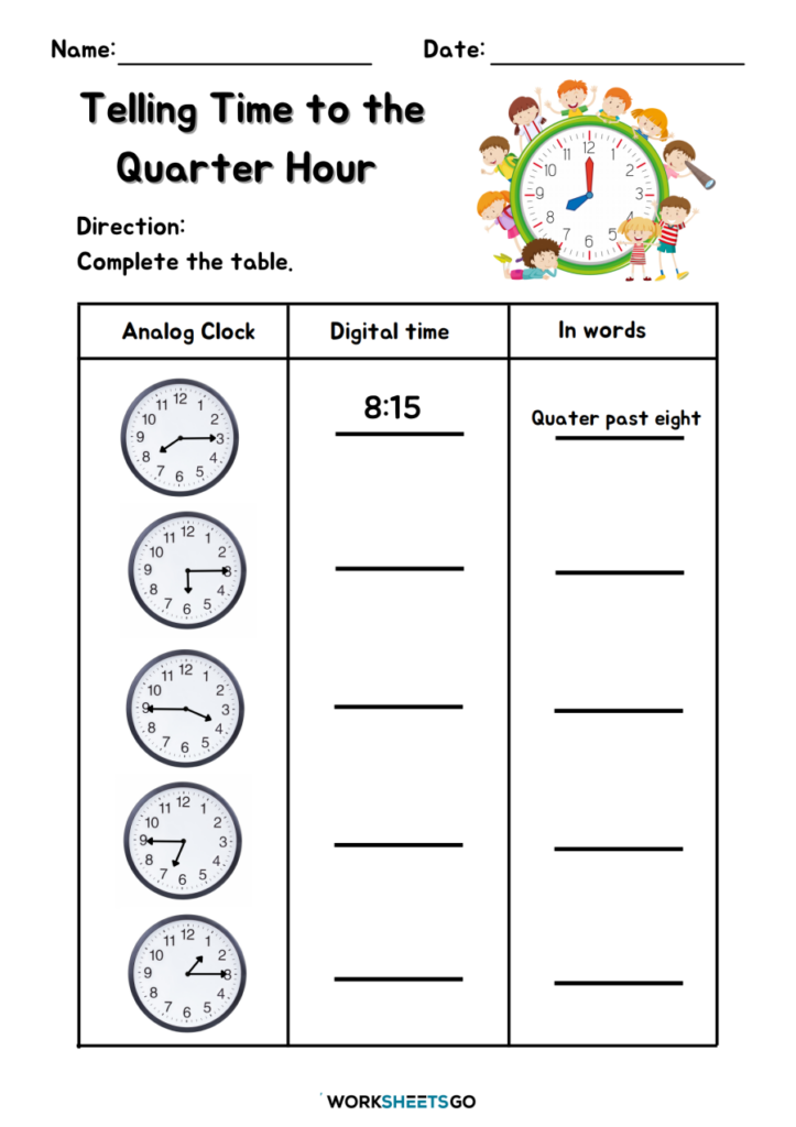 Telling time to quarter hour worksheet with clocks
