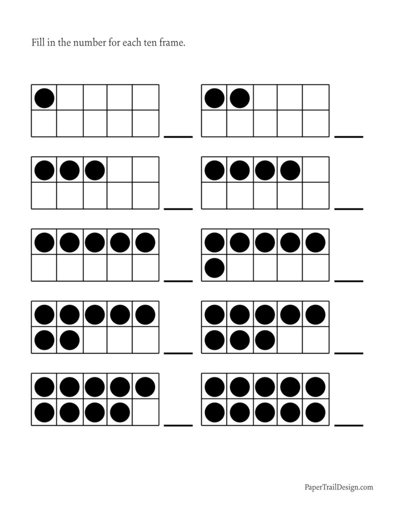 Ten frame worksheet with black dots and blanks
