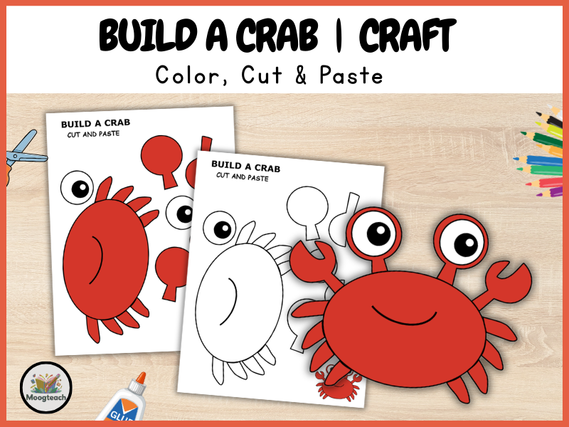 Crab craft worksheet with cut-and-paste pieces on desk
