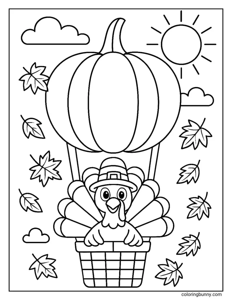Turkey in hot air balloon basket, leaves, sun, clouds