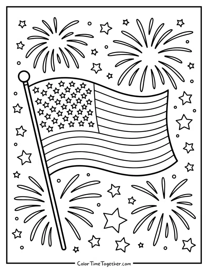 American flag coloring page with fireworks and stars
