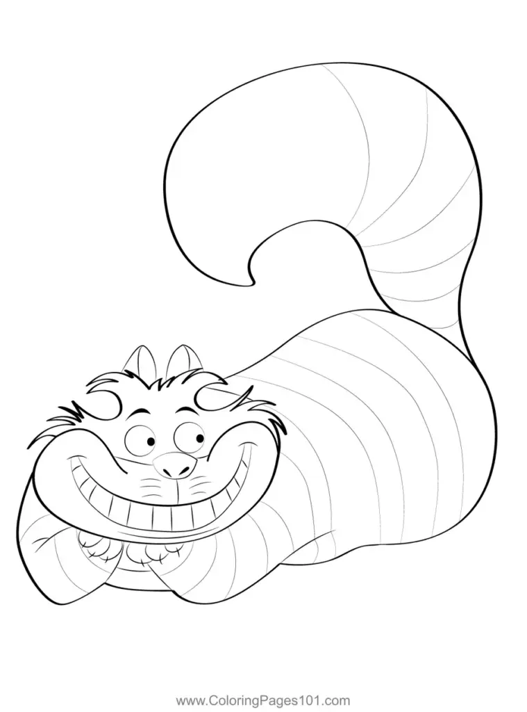 Smiling cartoon cat coloring page with large tail