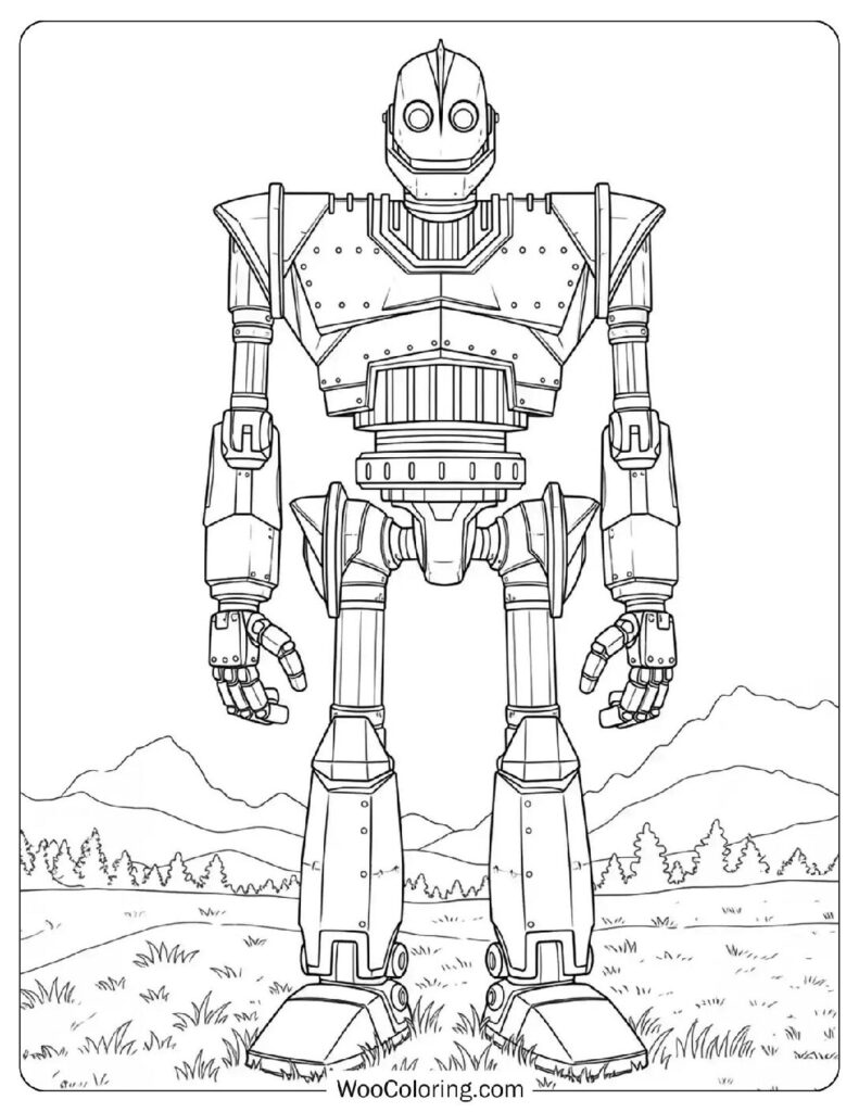 Line drawing of a tall robot standing in a field