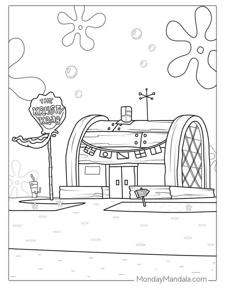 Black-and-white cartoon of the Krusty Krab restaurant exterior