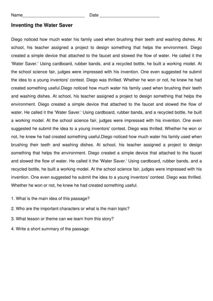 Printed reading worksheet titled "Inventing the Water Saver