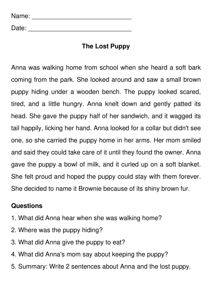 Reading worksheet titled The Lost Puppy with questions