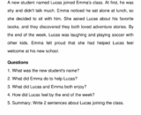 Classroom worksheet page titled The New Student with story text and questions