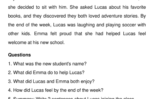 Classroom worksheet page titled The New Student with story text and questions