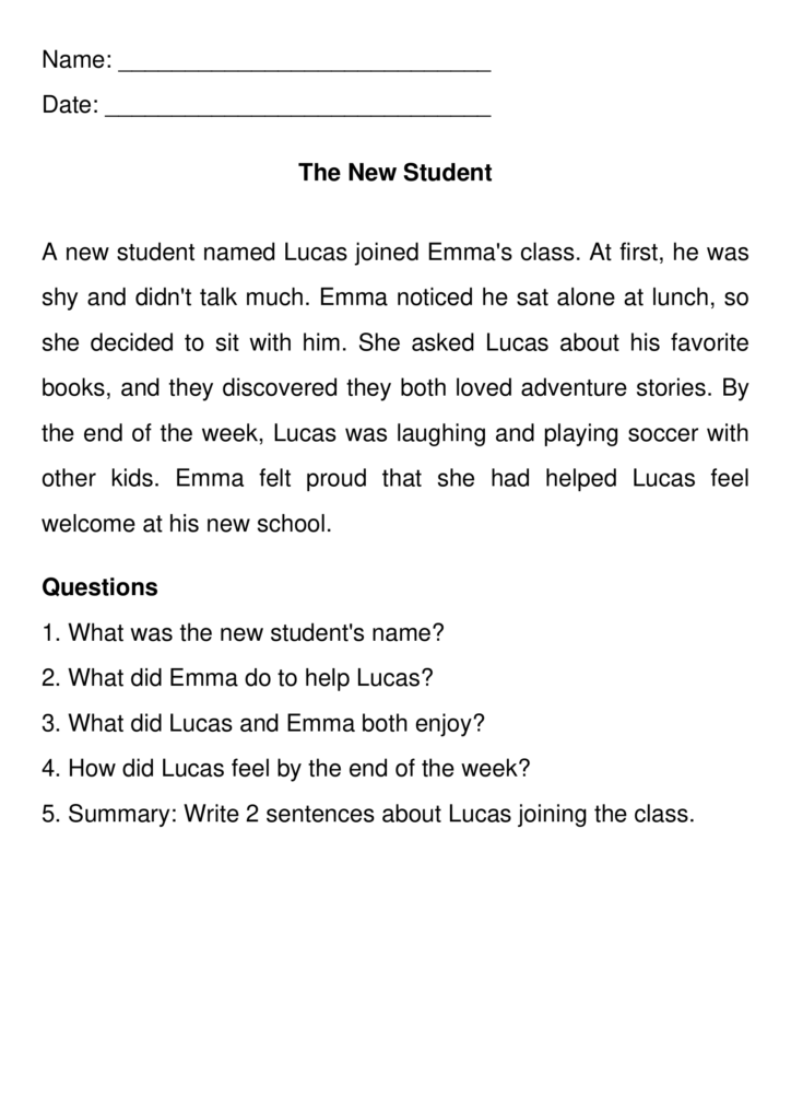 Classroom worksheet page titled The New Student with story text and questions