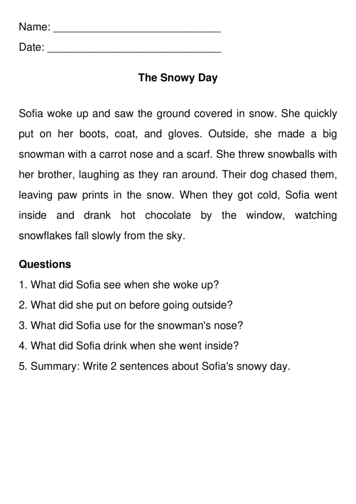 Snowy day reading worksheet with questions and lines