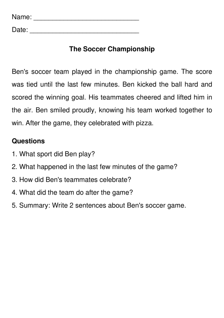 Worksheet page with Name: and Date: lines, The Soccer Championship.