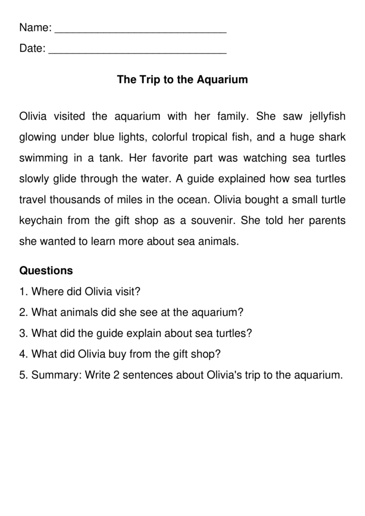 Worksheet page with Name and Date fields, aquarium story, questions.