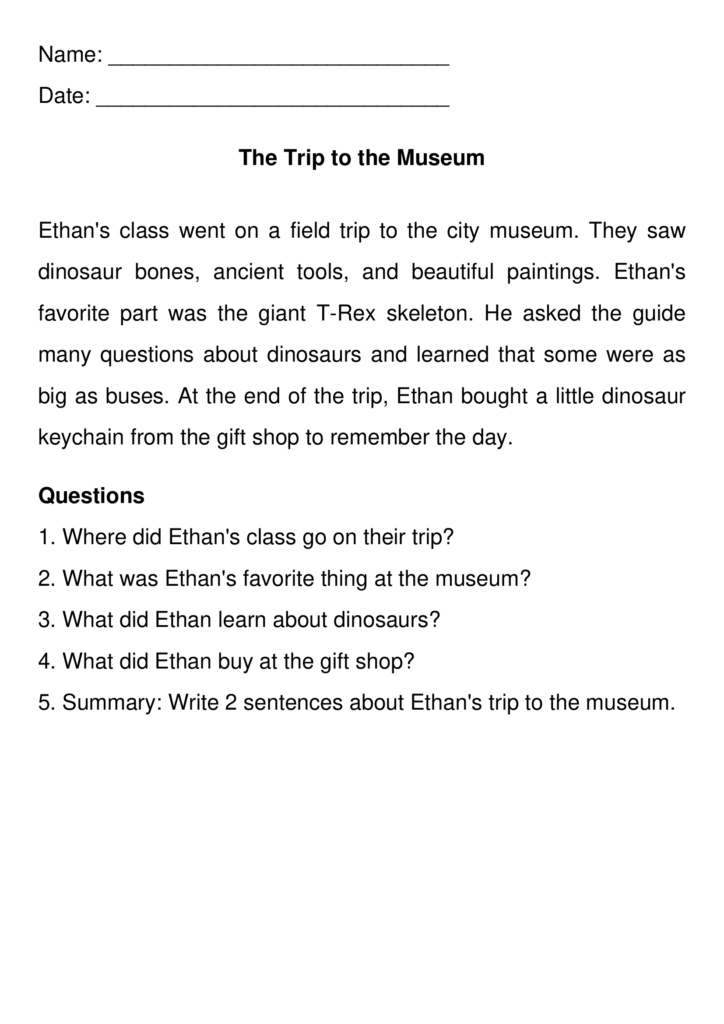 Printed reading worksheet titled The Trip to the Museum