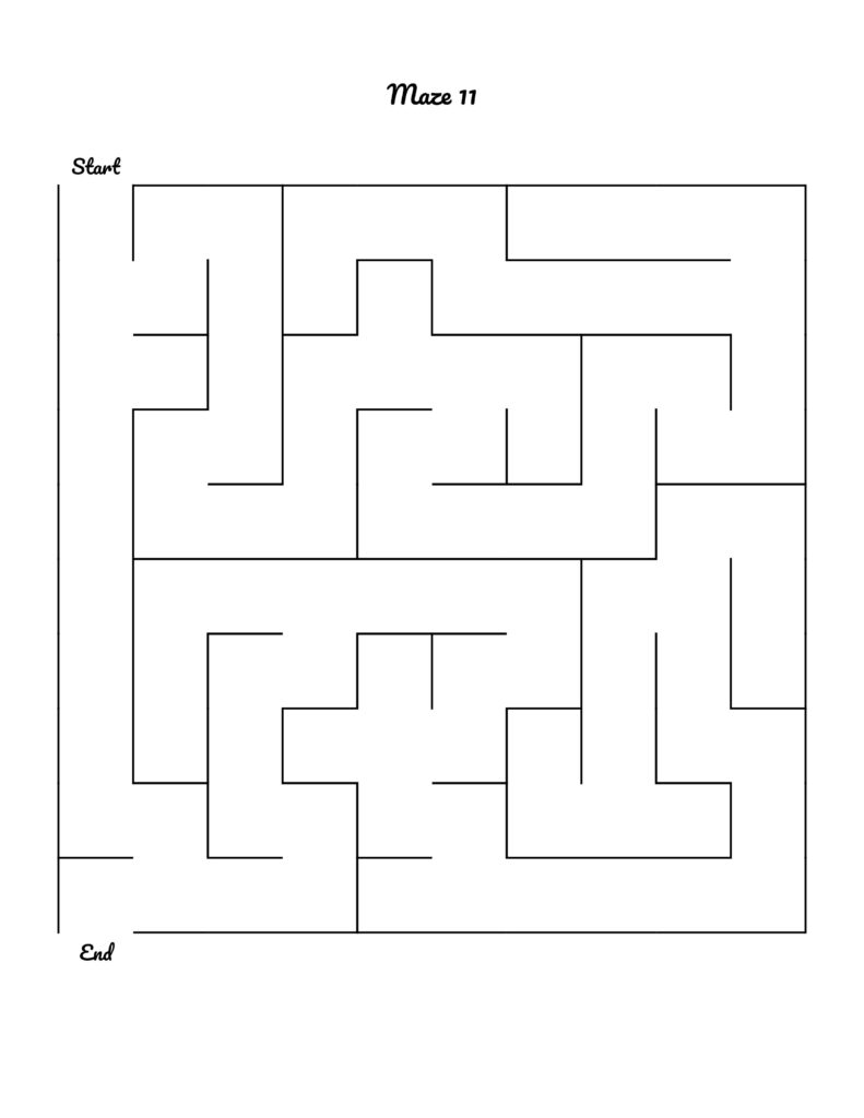 Black-and-white maze worksheet labeled Start and End