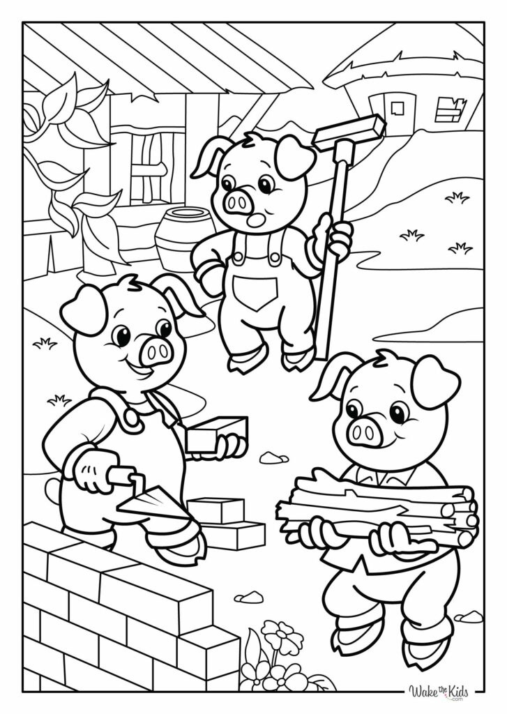 Three pigs building a house with tools and bricks