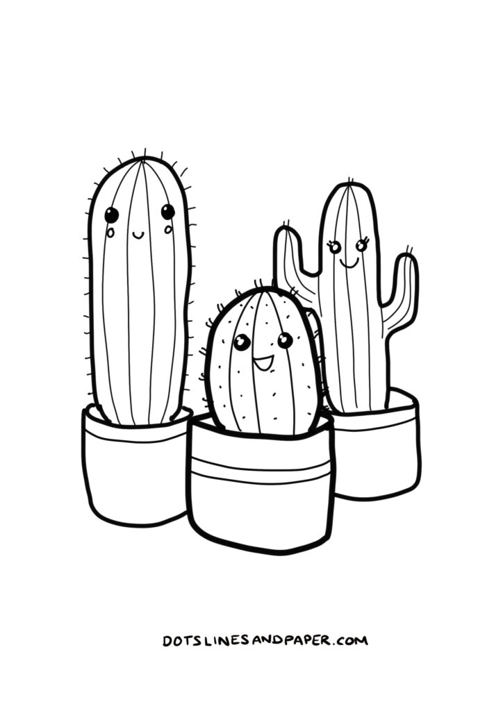 Three smiling cartoon cacti in pots on white background