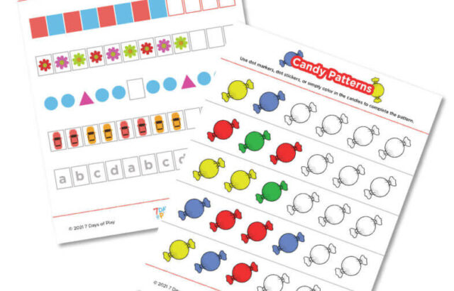 Two colorful pattern worksheets on white background