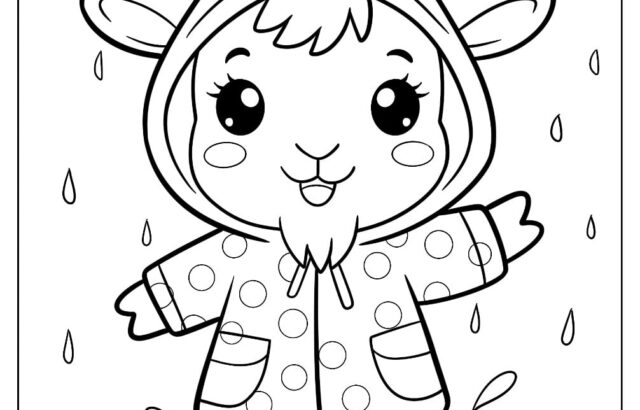 Cute goat in raincoat standing in puddle