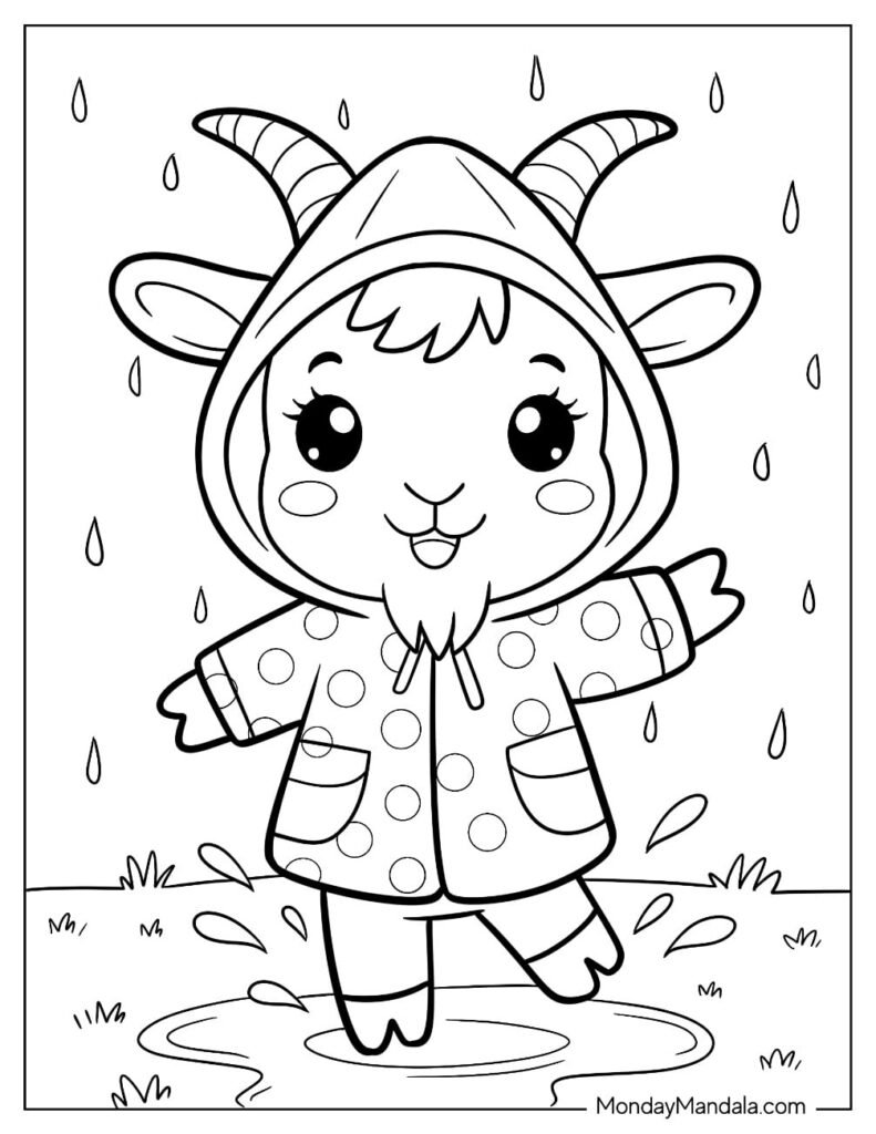 Cute goat in raincoat standing in puddle