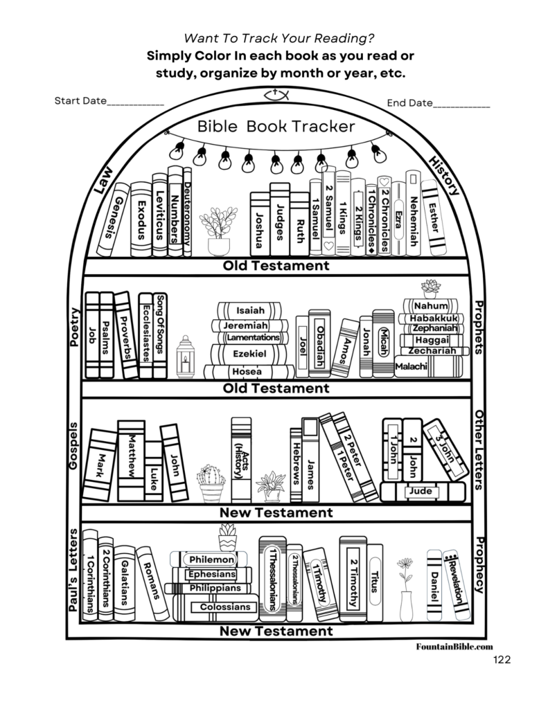 Bible book tracker chart with stacked book illustrations