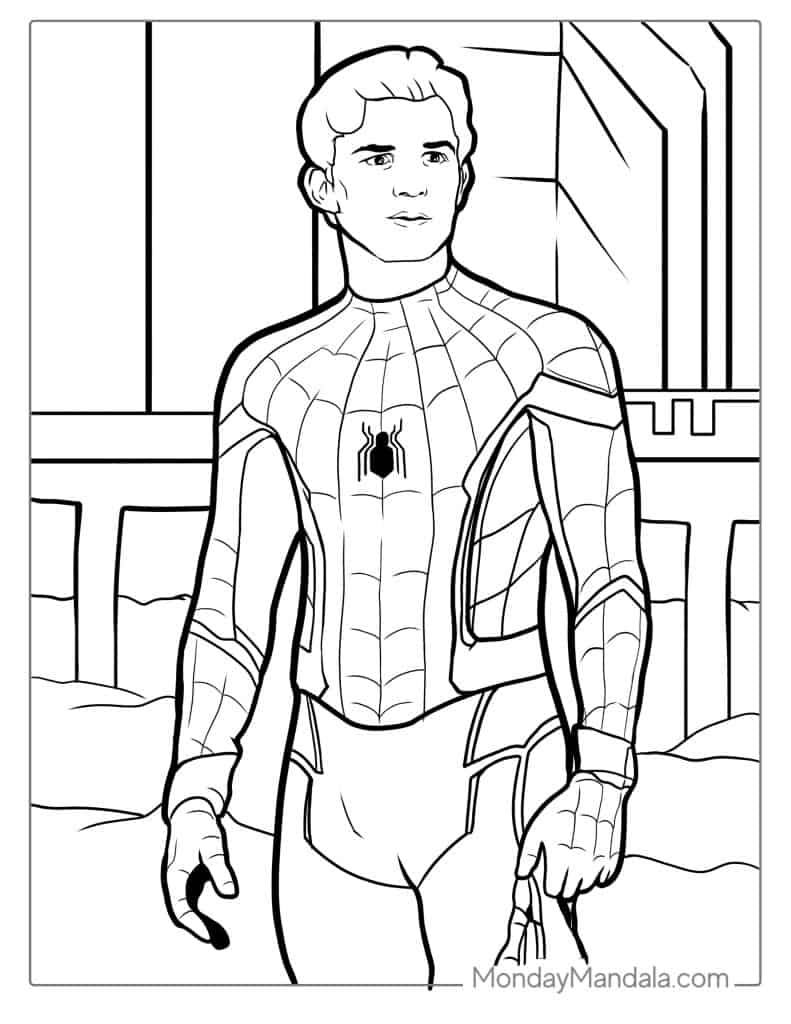 Spider-Man coloring page with unmasked superhero figure