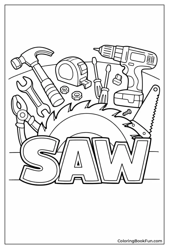 Black-and-white coloring page with saw and tools
