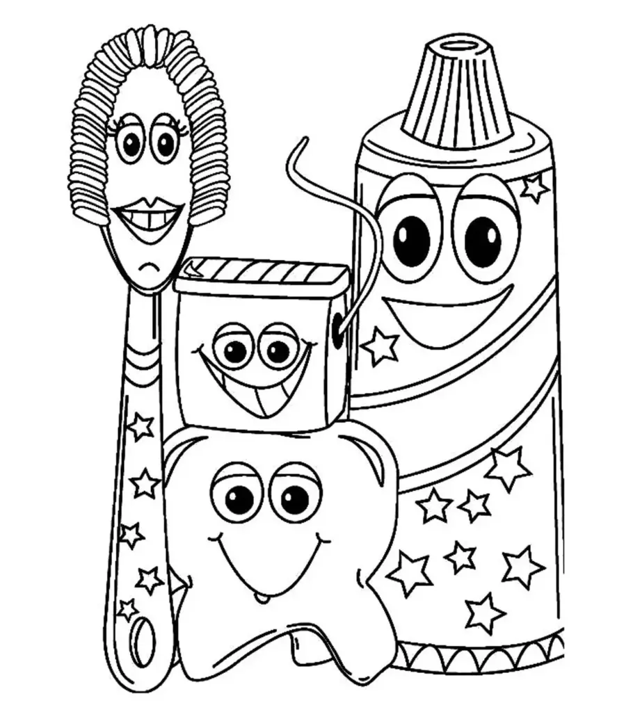 Toothbrush, toothpaste, tooth, and floss cartoon characters