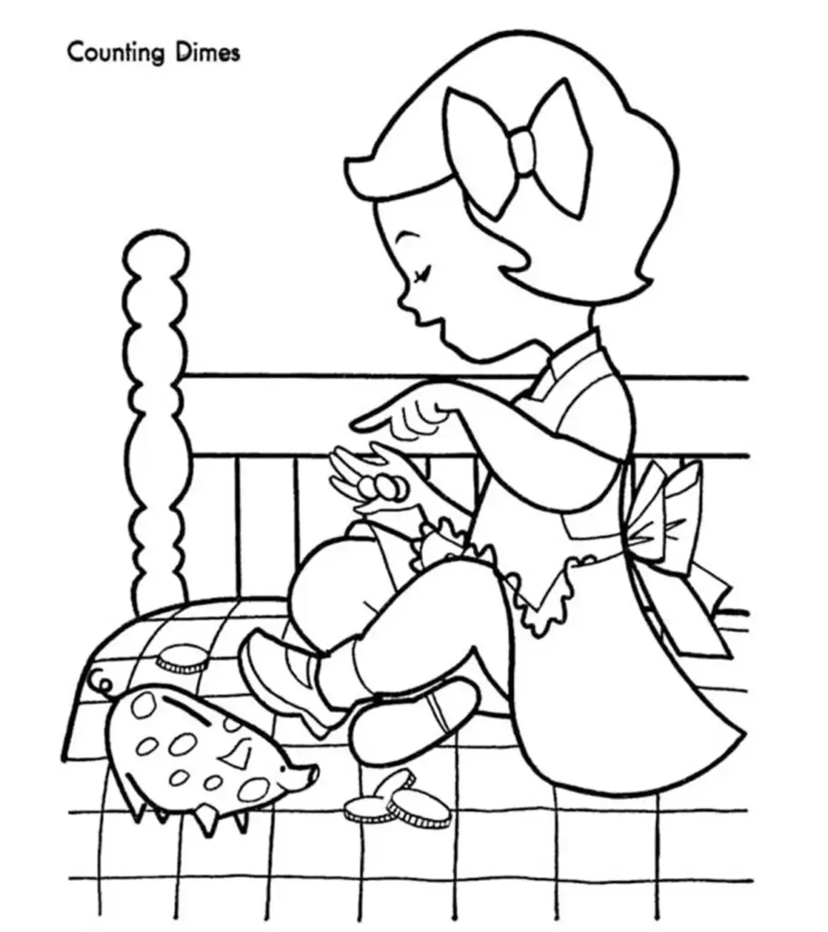 Girl counting coins on a bed in line drawing
