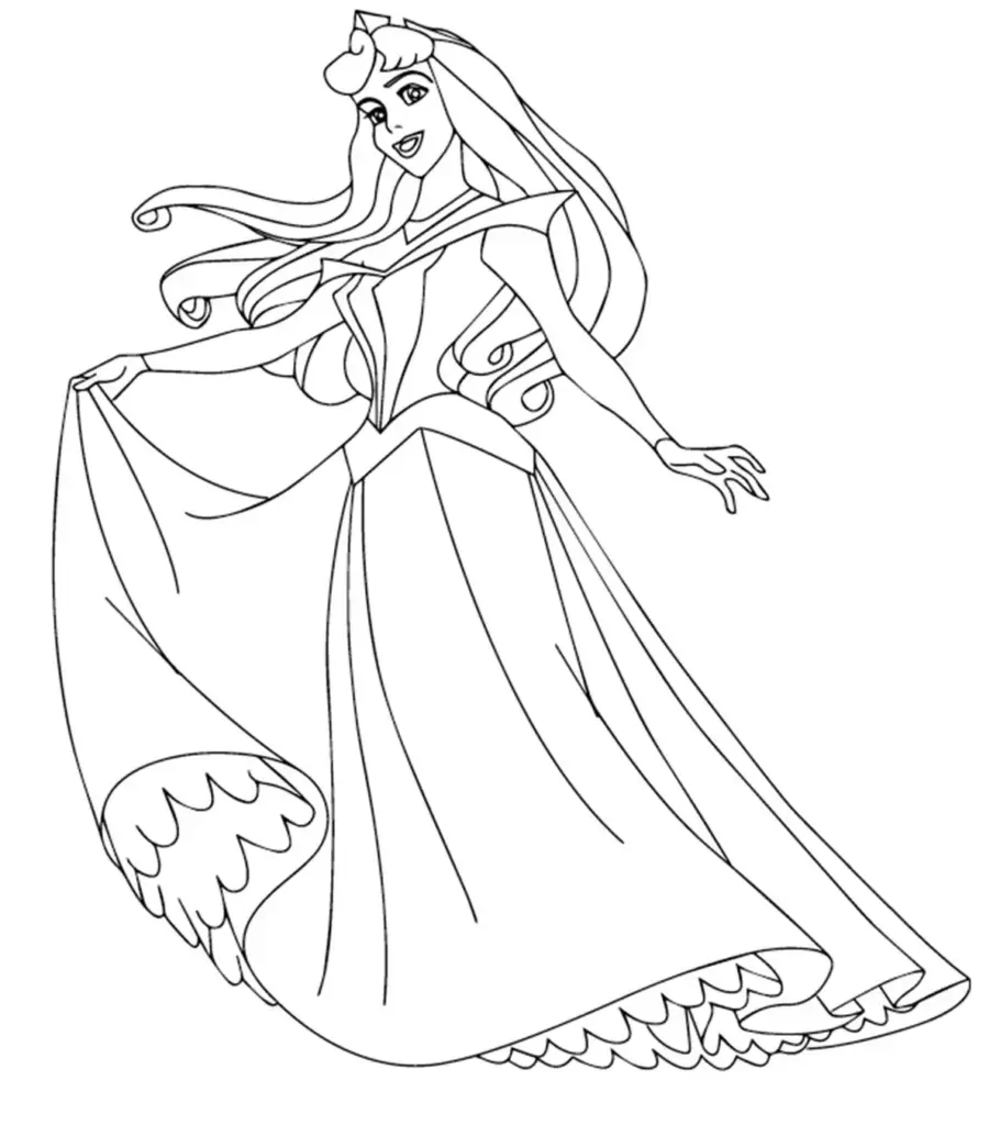 Line drawing of a long-haired princess in a gown