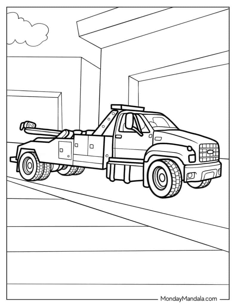 Tow truck parked on city street coloring page