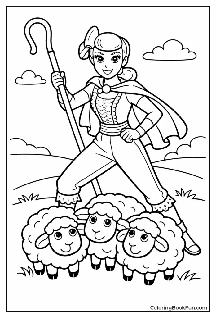 Girl shepherd with three sheep coloring page