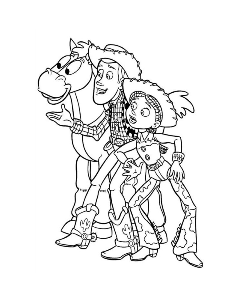 Black-and-white cartoon of Woody, Bullseye, and Jessie walking