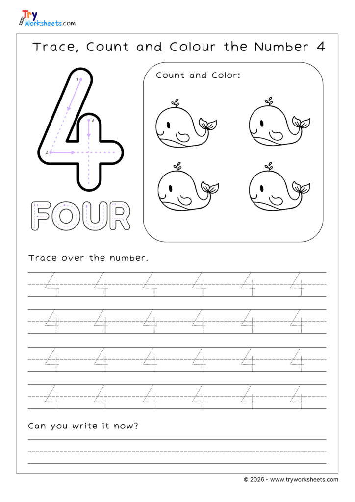 Number four tracing worksheet with whales and lines