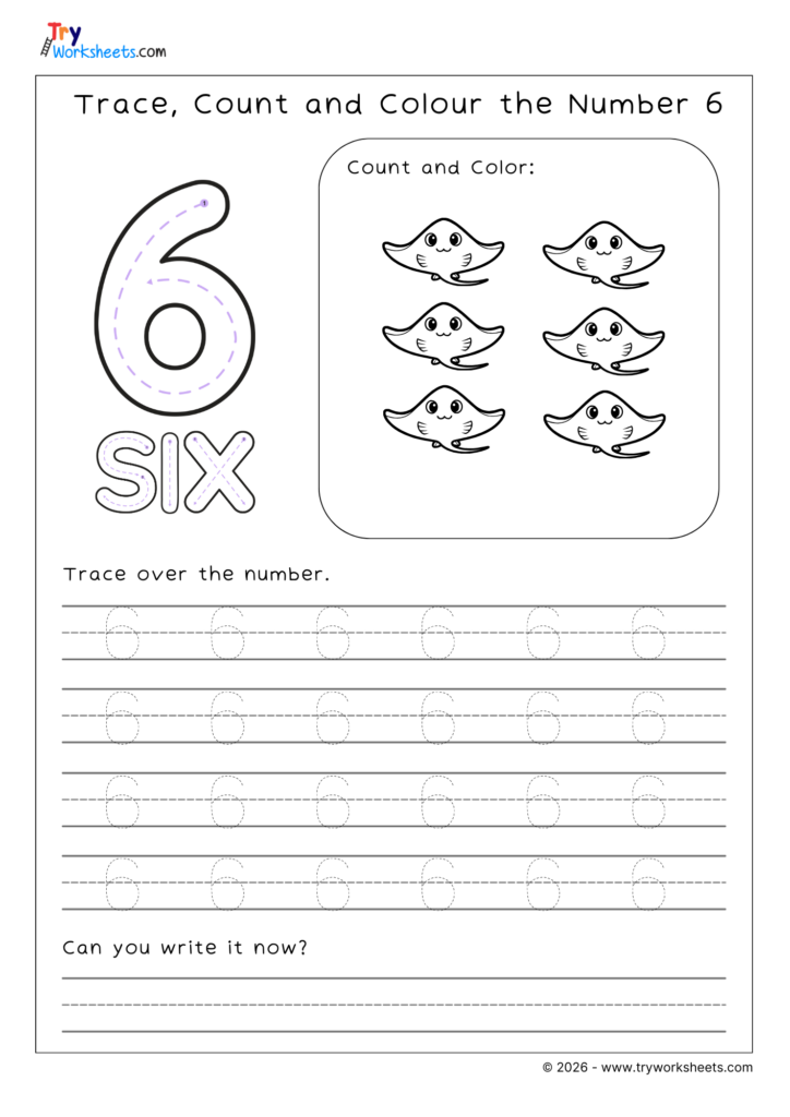 Printable worksheet for tracing and counting number six