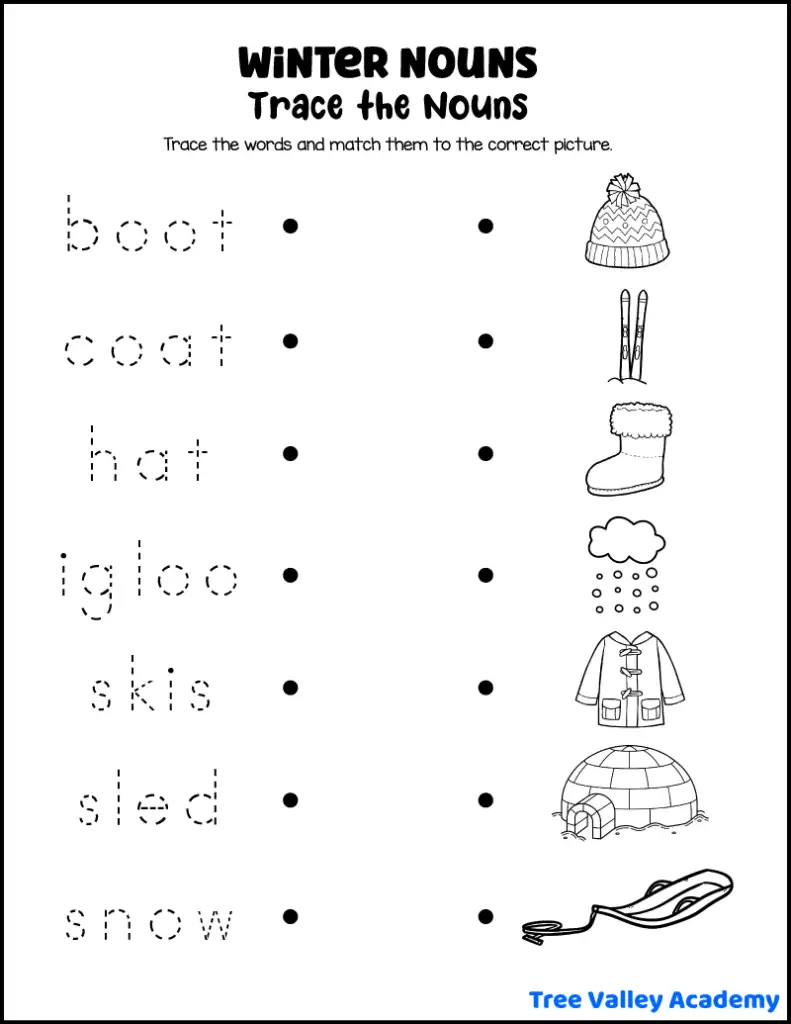 Winter nouns tracing worksheet with matching pictures