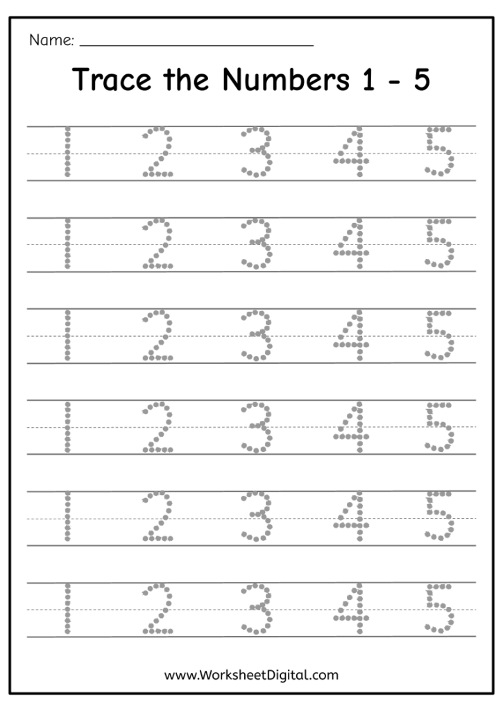 Trace the Numbers 1-5 worksheet page with dotted numerals