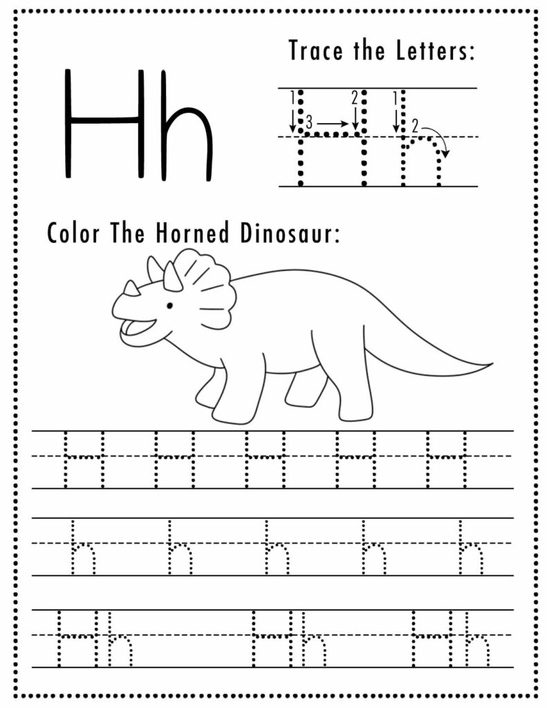 Letter H tracing worksheet with dinosaur illustration