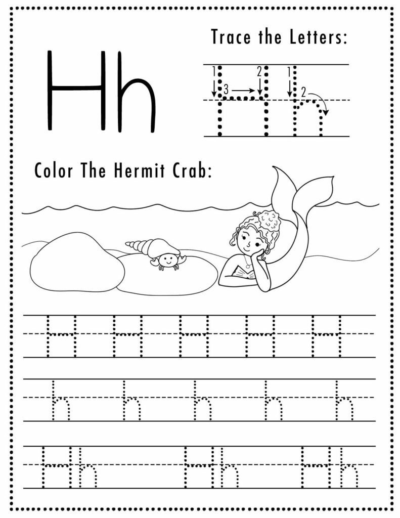 Letter tracing worksheet with mermaid and hermit crab