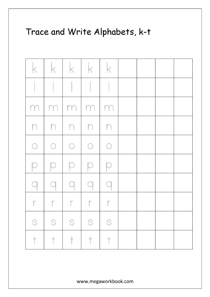 Alphabet tracing worksheet with letters k through t