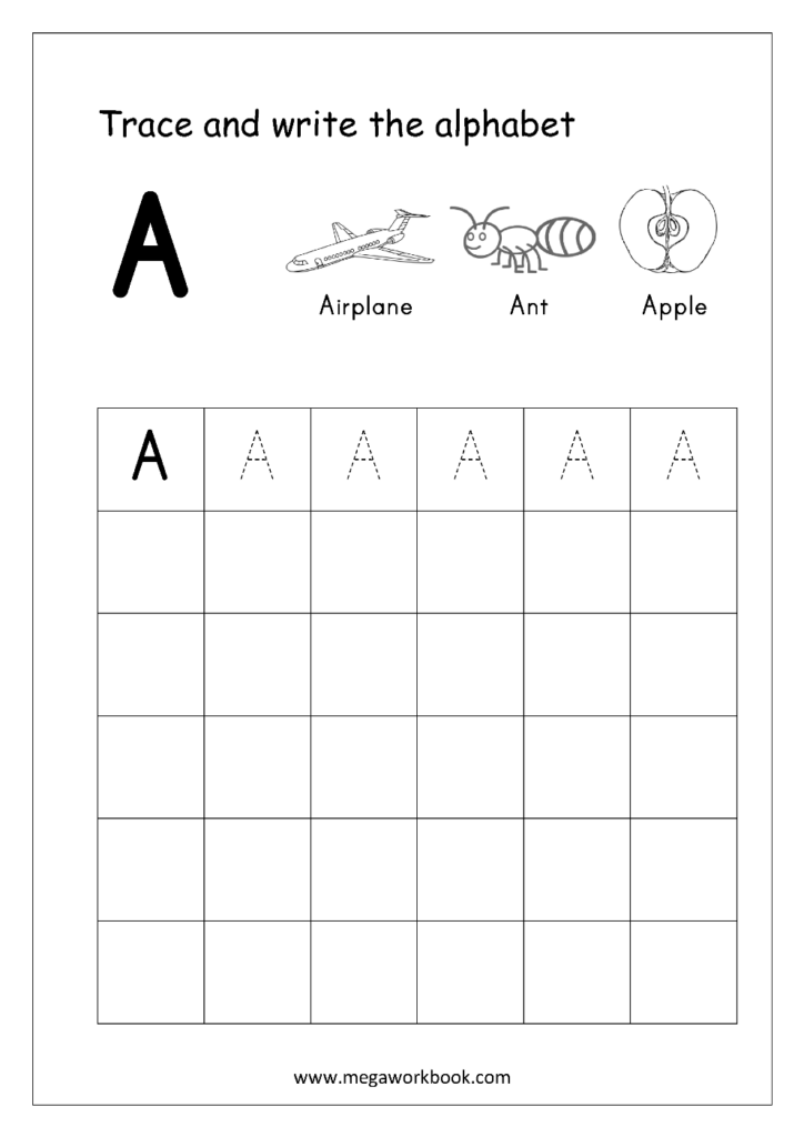 Alphabet tracing worksheet with letter A, airplane, ant, apple