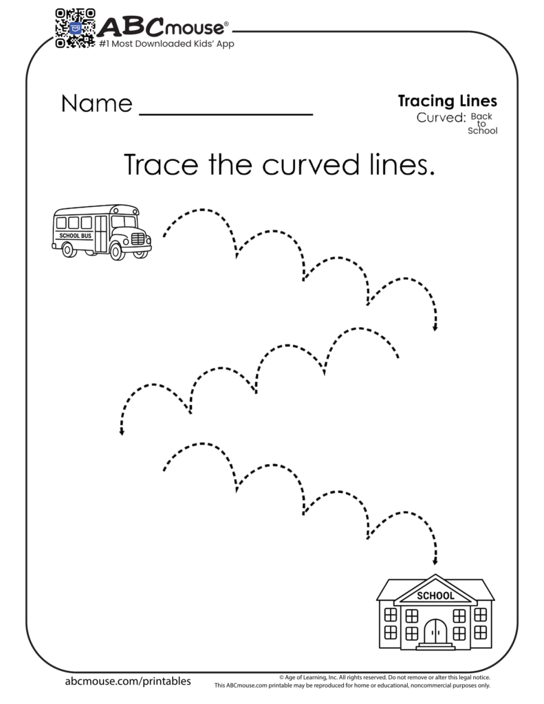 Curved line tracing worksheet with bus and school icons