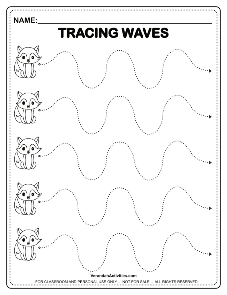 Tracing waves worksheet with fox icons and dotted lines